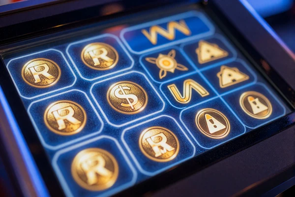 Gl&uuml;hender Slot-Automat mit blauen Symbolen bei Casea Casino