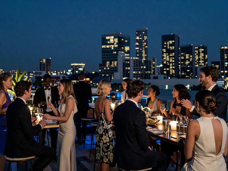 Exklusive VIP-Dachterrasse bei Nacht mit Stadt skyline und blauer Beleuchtung bei Casea Casino